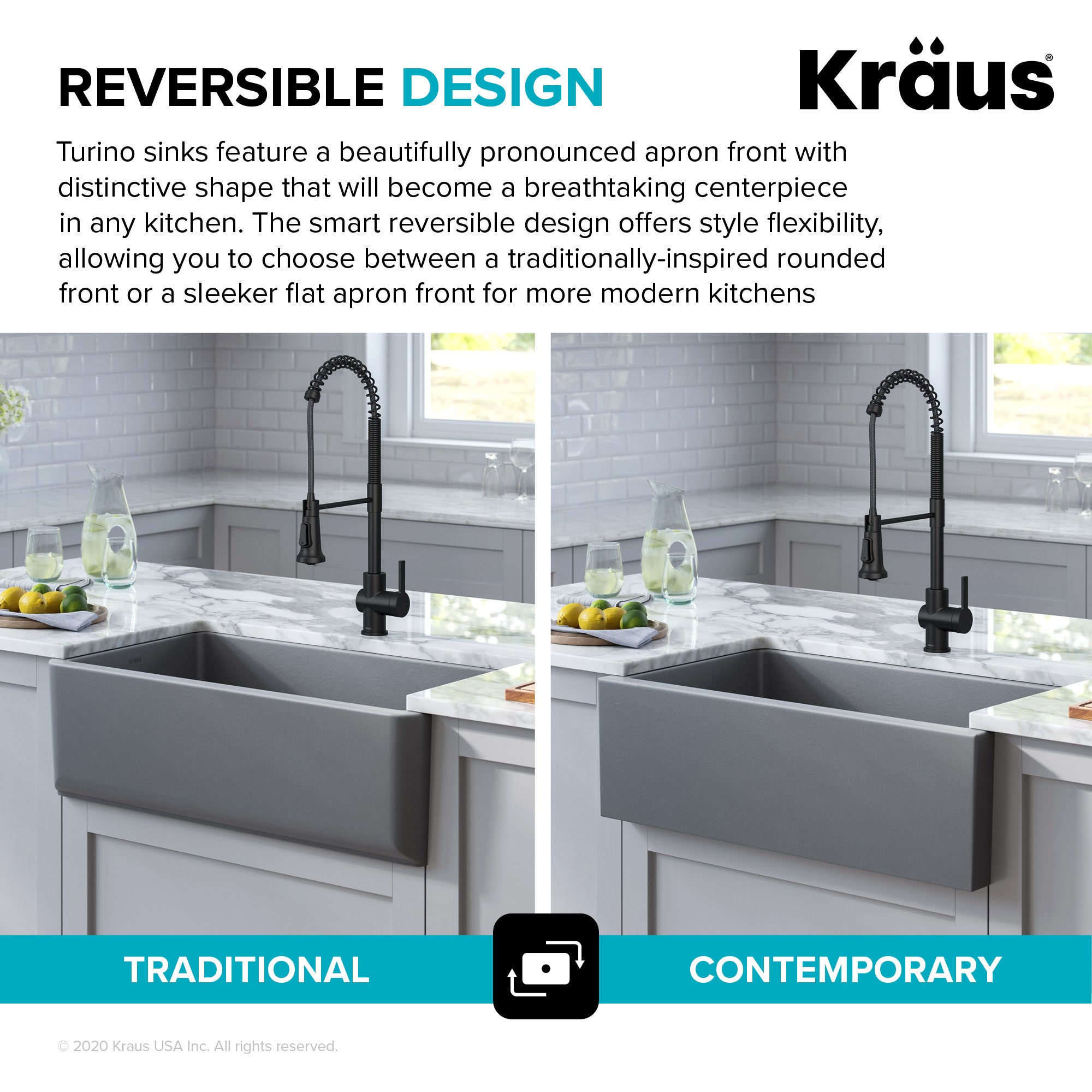 Kraus Turino 33 in. Farmhouse Reversible Apron Front Fireclay Single Bowl Kitchen Sink