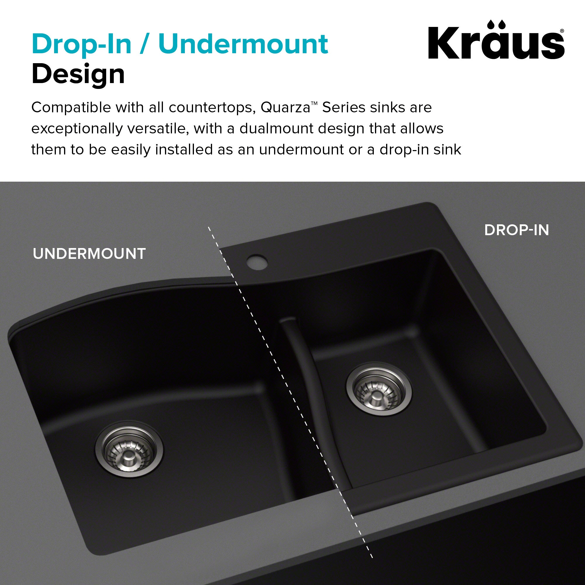 KRAUS Quarza 33 in. Dual Mount 60/40 Double Bowl Granite Kitchen Sink