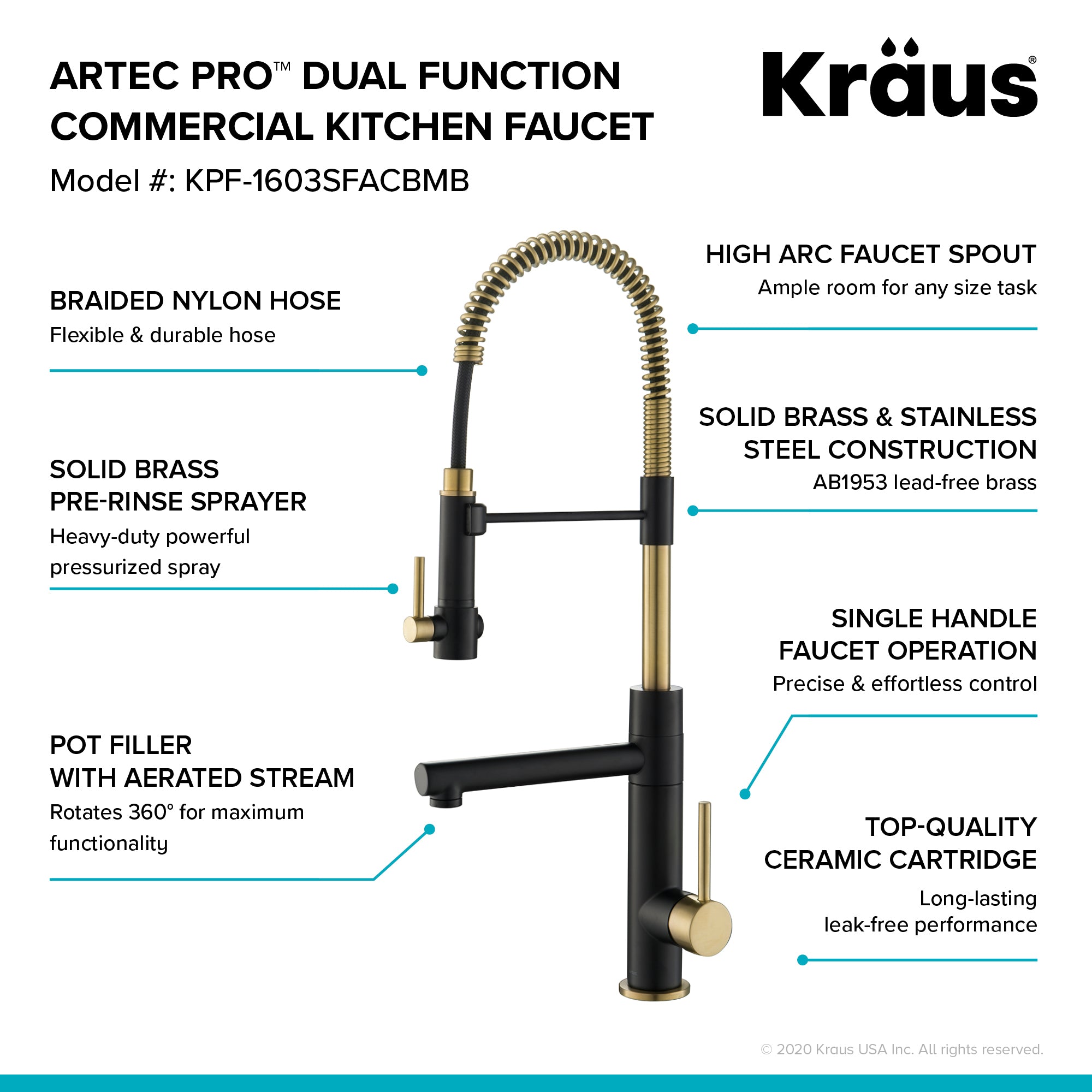 Kraus Artec Pro 2-Function Commercial Style Pre-Rinse Kitchen Faucet with Pull-Down Spring Spout and Pot Filler