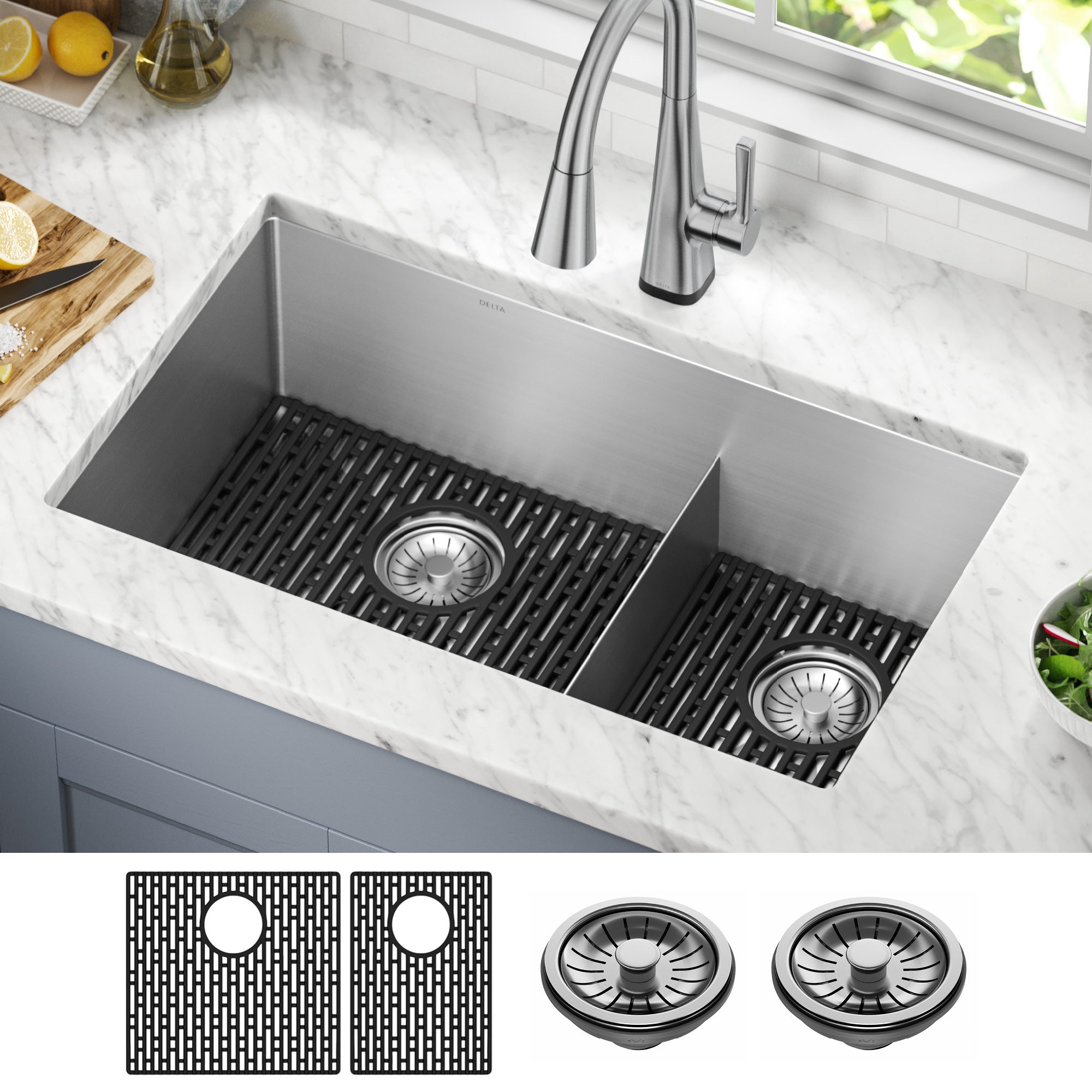 Delta Lenta 32 in. Undermount 16 Gauge Stainless Double Bowl Kitchen Sink