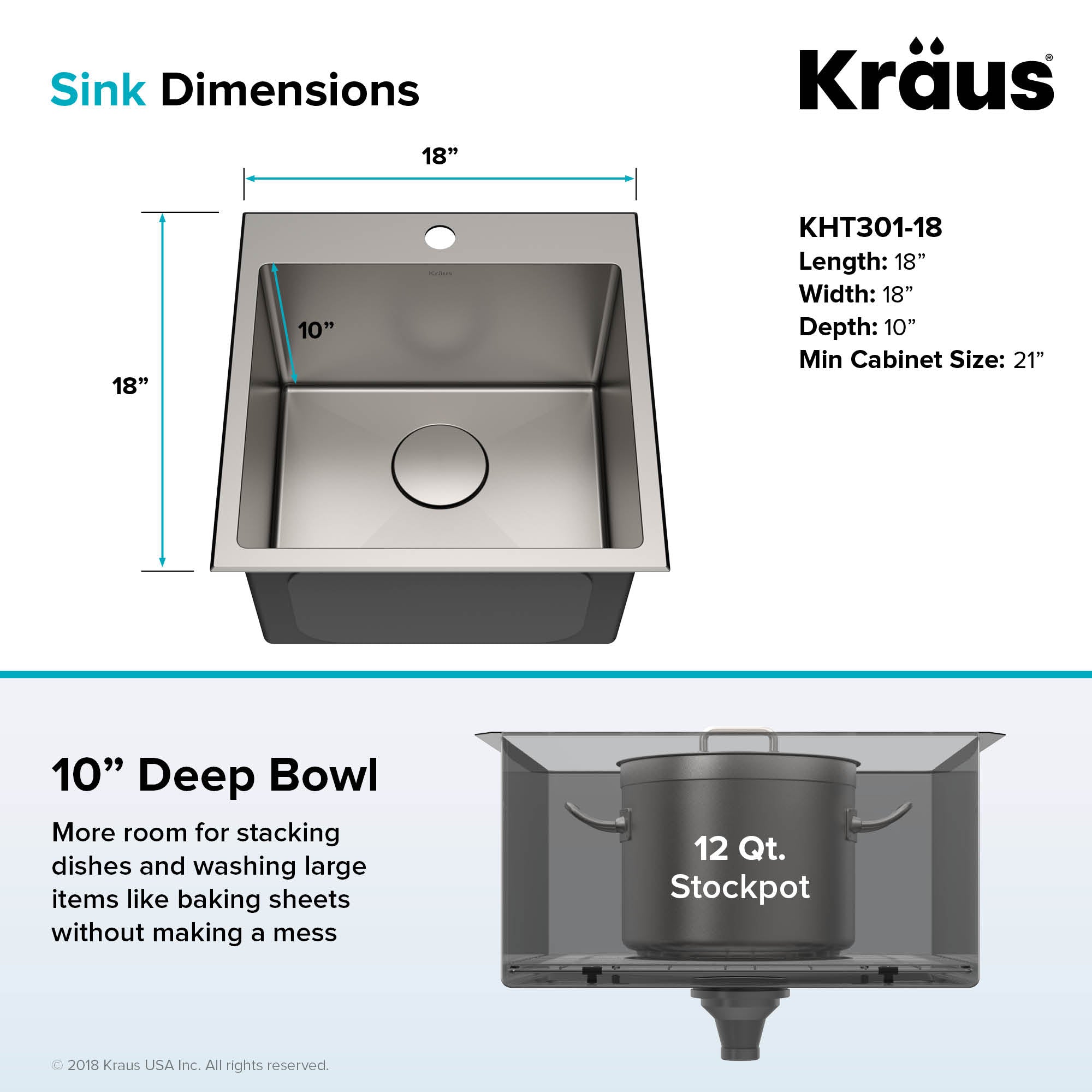 Kraus 18x18 in. Standart PRO Drop-In 16 Gauge Single Bowl Stainless Kitchen Sink