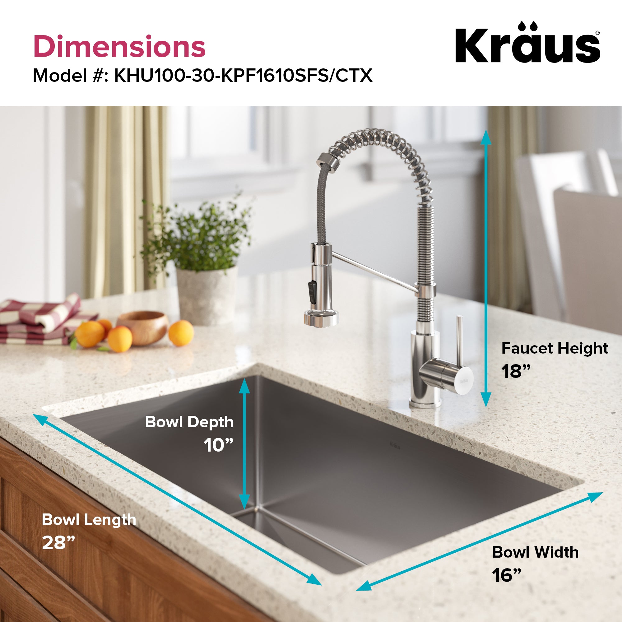 Kraus Standart PRO 30 in. Single Bowl Stainless Steel Kitchen Sink Combo Set with Bolden 18 in. Kitchen Faucet