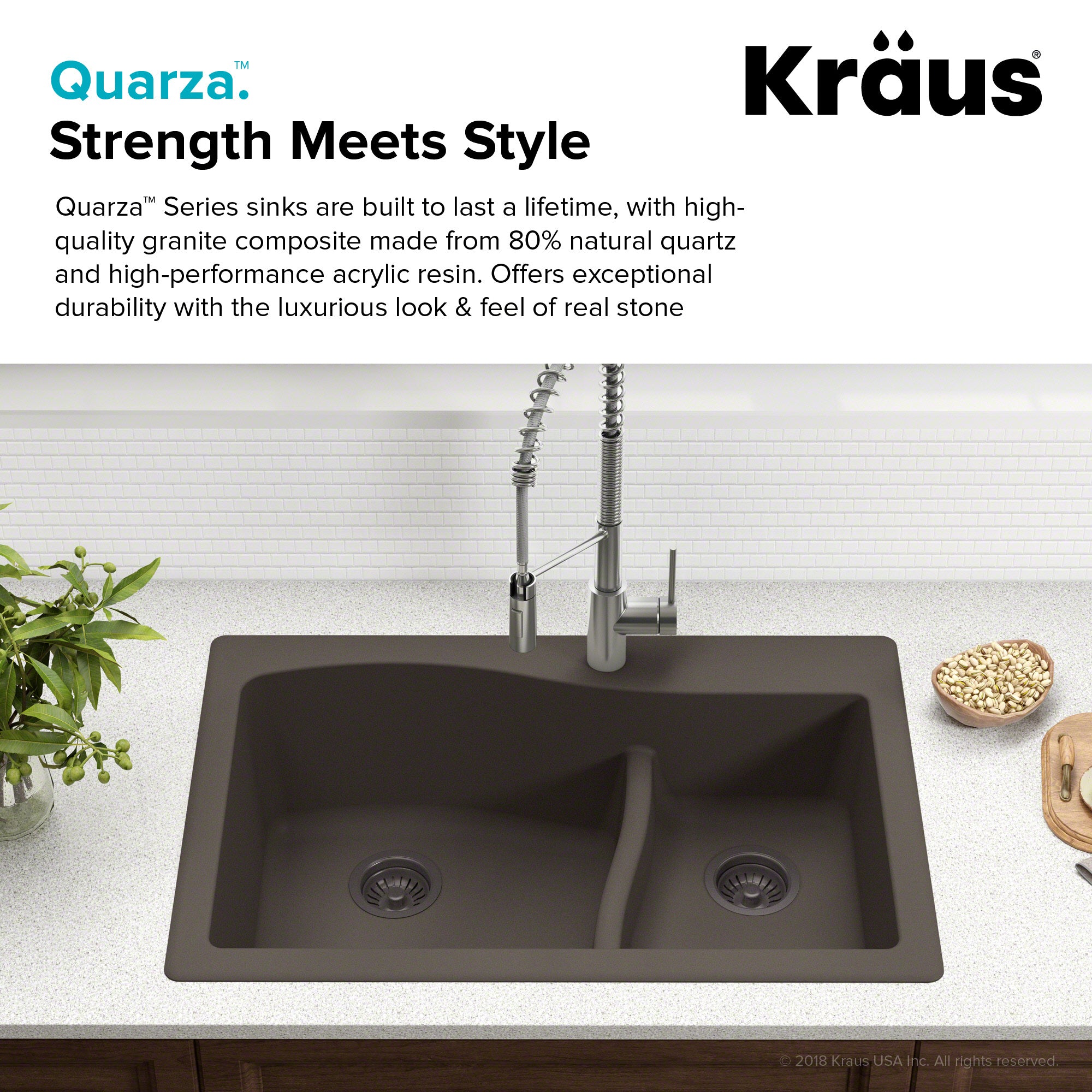 KRAUS Quarza 33 in. Dual Mount 60/40 Double Bowl Granite Kitchen Sink