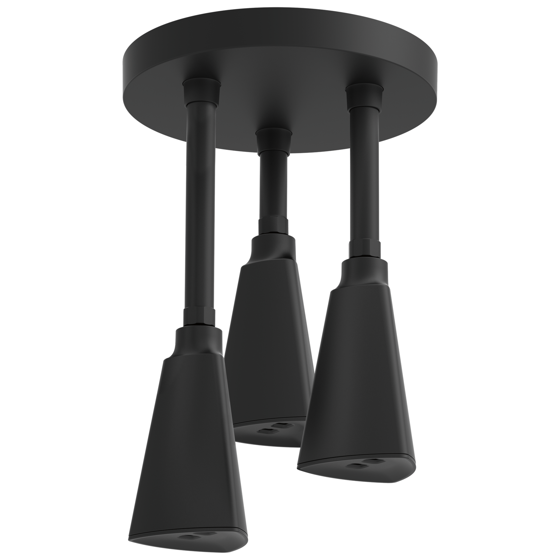 Black ceiling light fixture with three cone-shaped lights on a white background
