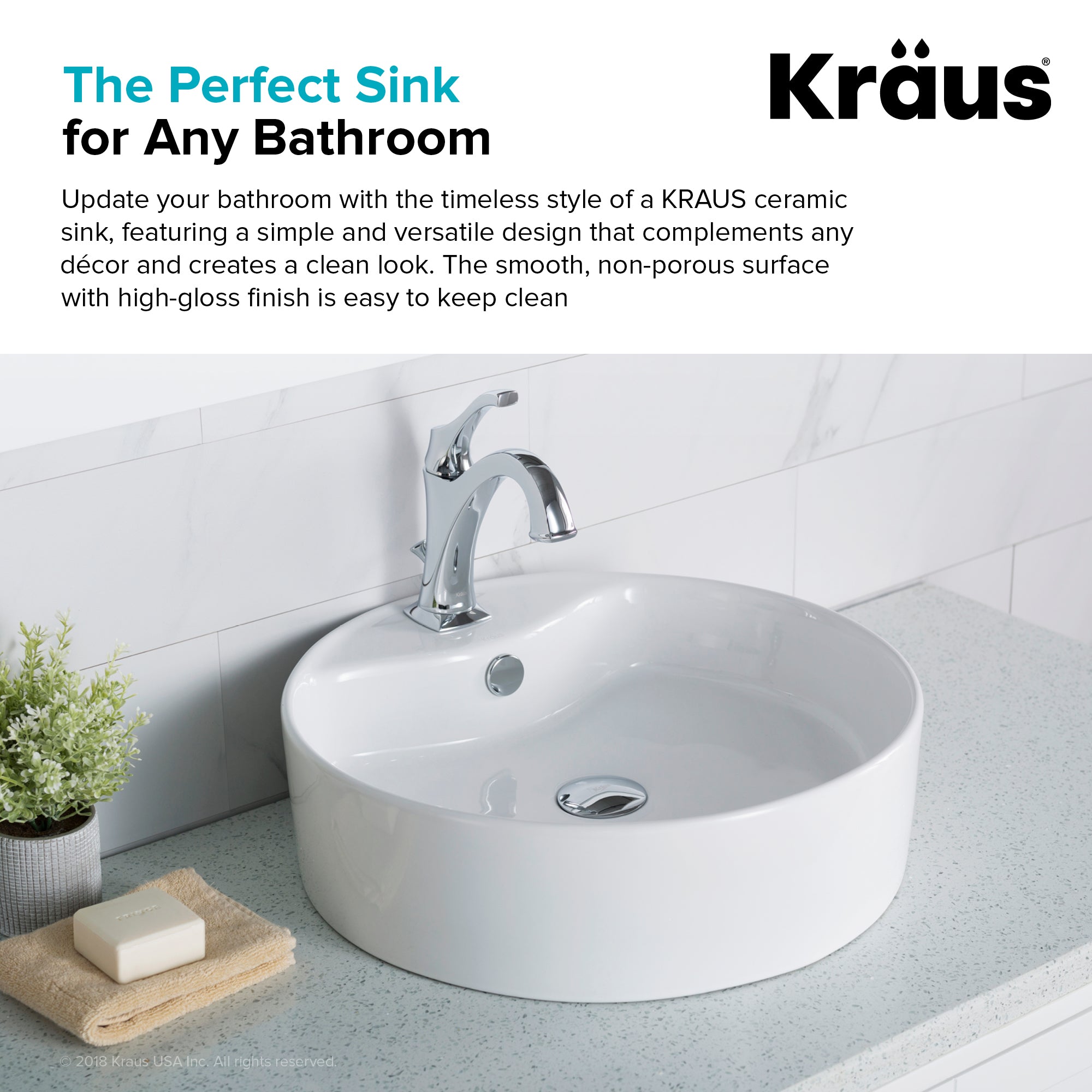 Kraus Elavo Round Vessel Ceramic Bathroom Sink with Overflow, 18 in.