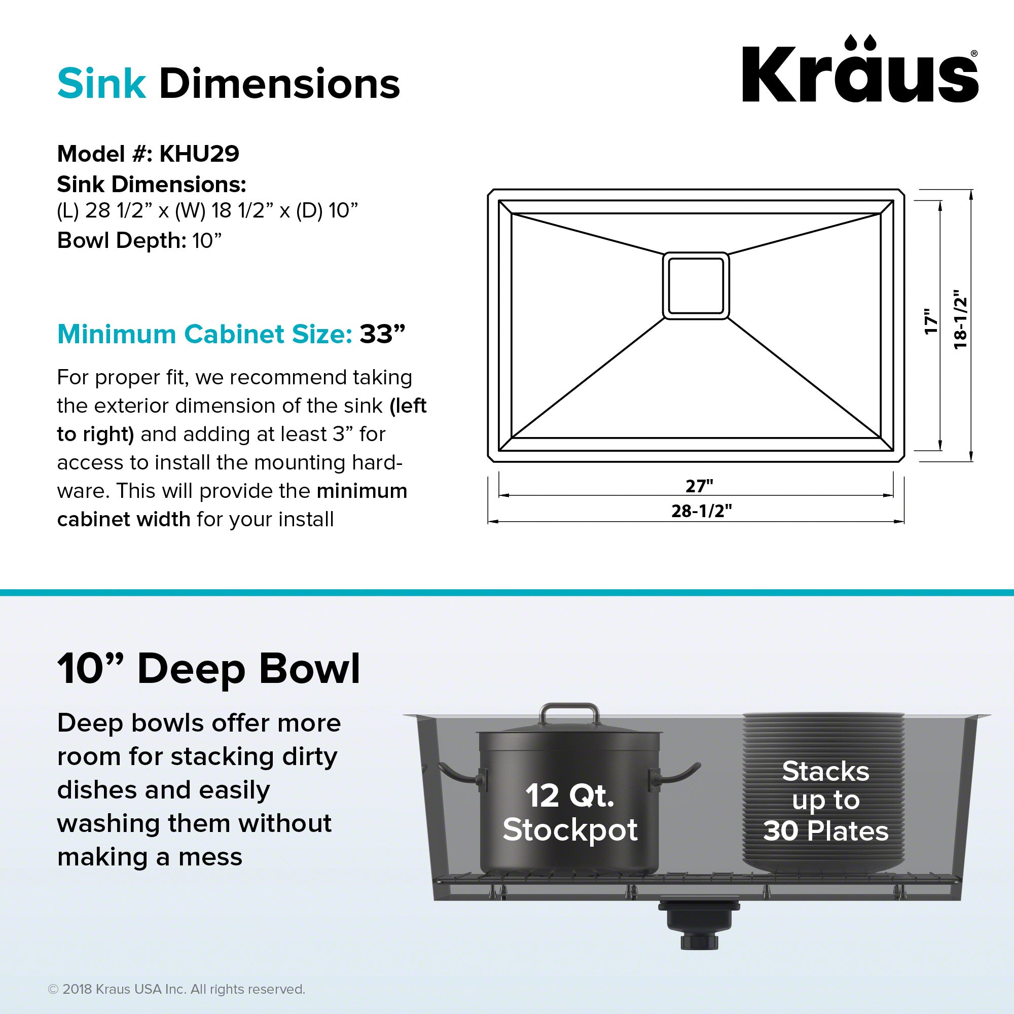 KRAUS Pax Zero-Radius 28 ½ in. 16 Gauge Undermount Single Bowl Kitchen Sink