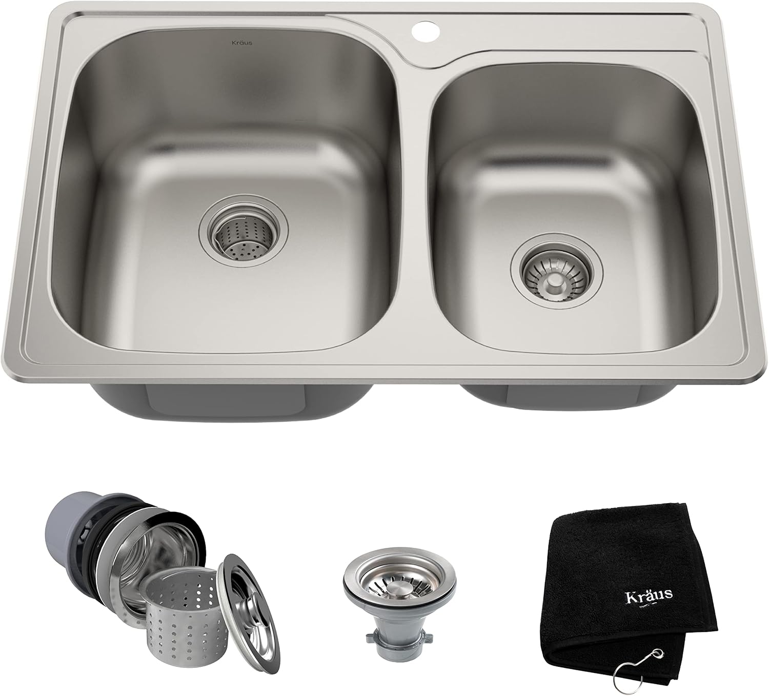 KRAUS 33 Inch Topmount 60/40 Double Bowl 18 Gauge Stainless Steel Kitchen Sink with NoiseDefend Soundproofing