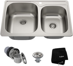 KRAUS 33 Inch Topmount 60/40 Double Bowl 18 Gauge Stainless Steel Kitchen Sink with NoiseDefend Soundproofing