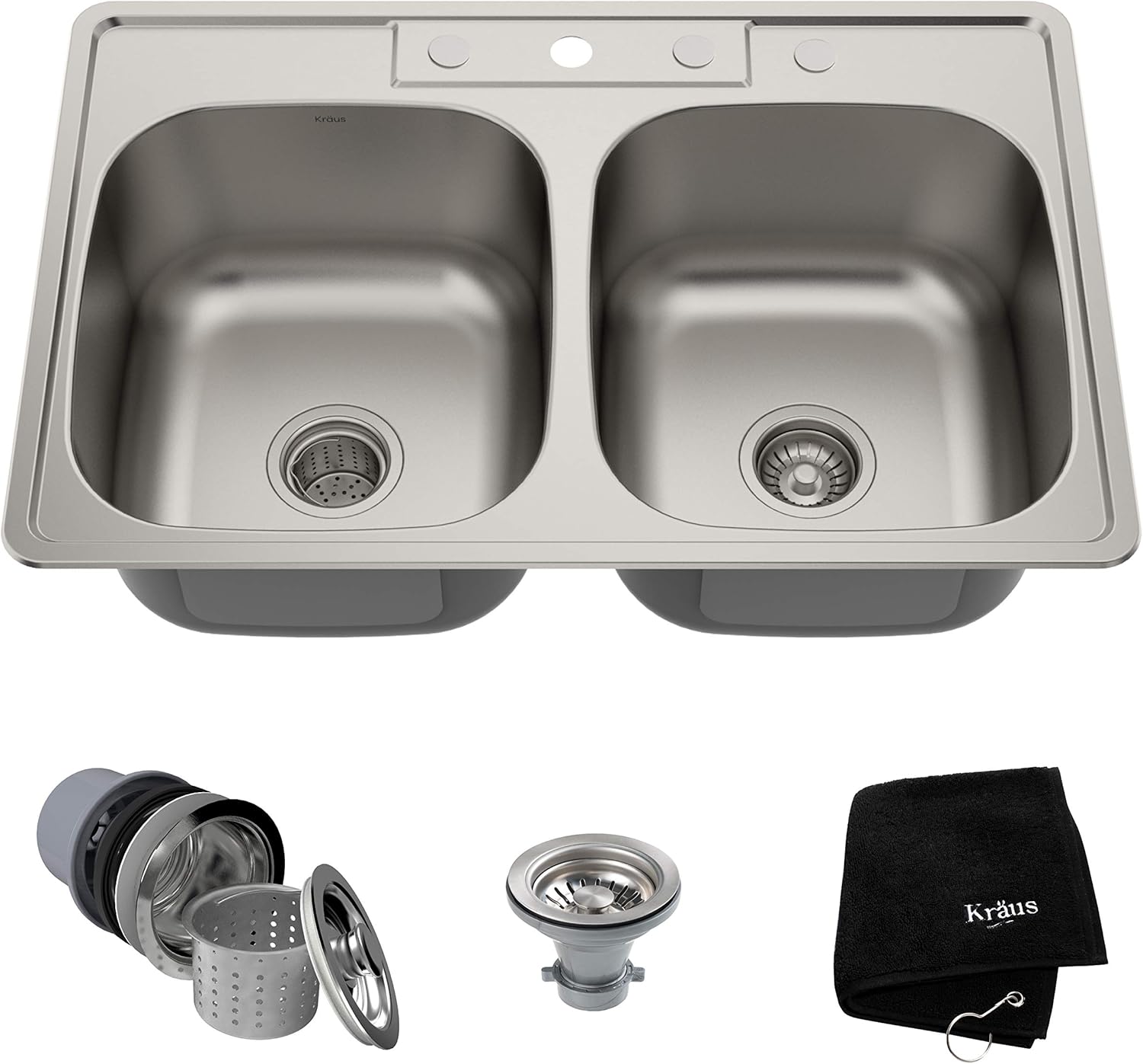 KRAUS 33 Inch Topmount 50/50 Double Bowl 18 Gauge Stainless Steel Kitchen Sink with NoiseDefend Soundproofing