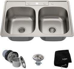 KRAUS 33 Inch Topmount 50/50 Double Bowl 18 Gauge Stainless Steel Kitchen Sink with NoiseDefend Soundproofing