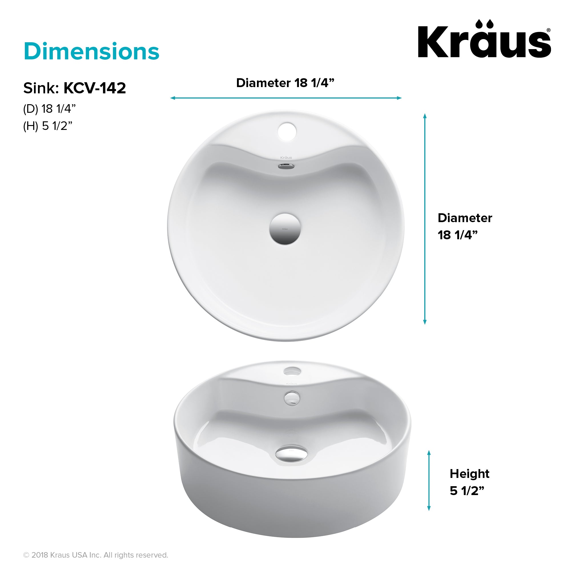 Kraus Elavo Round Vessel Ceramic Bathroom Sink with Overflow, 18 in.