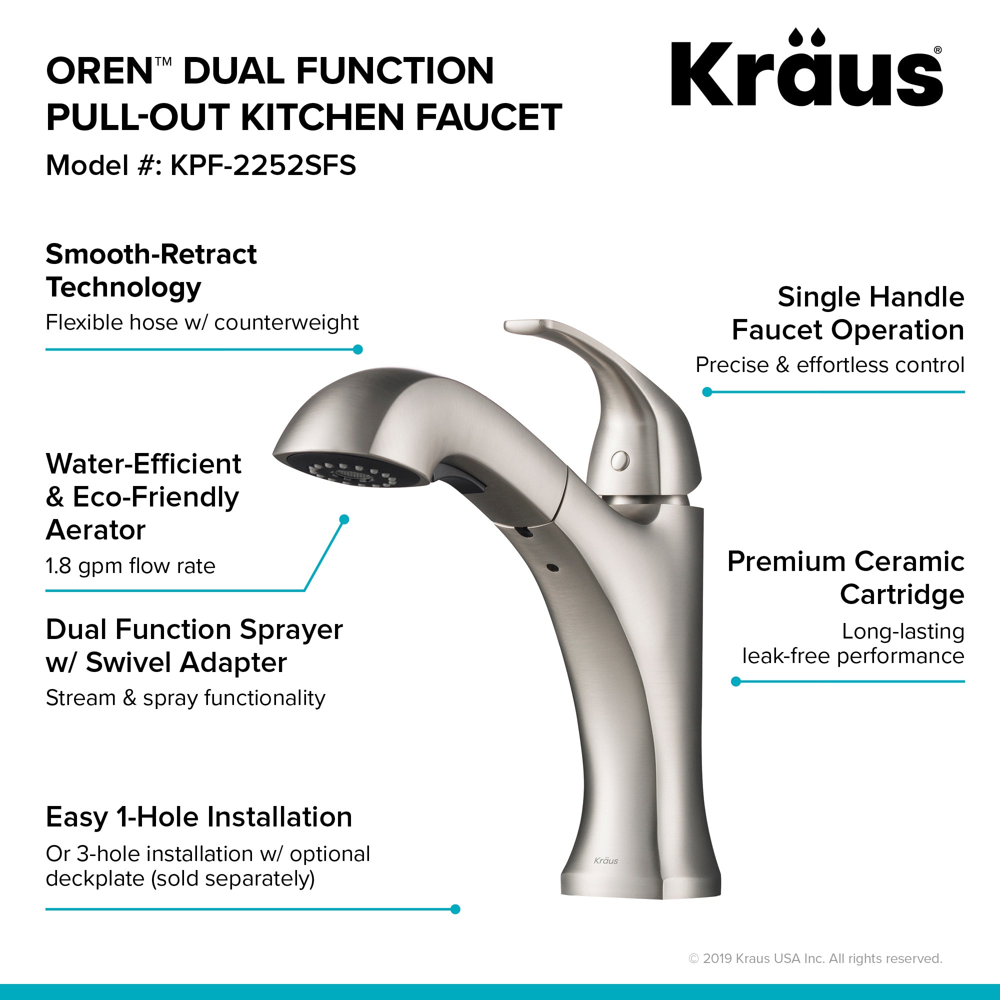 Kraus Oren Spot Free Stainless Steel Finish Dual Function Pull-Out Kitchen Faucet