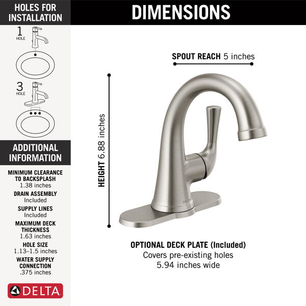 Delta Kayra Single Hole Bathroom Faucet Single Handle Certified Refurbished