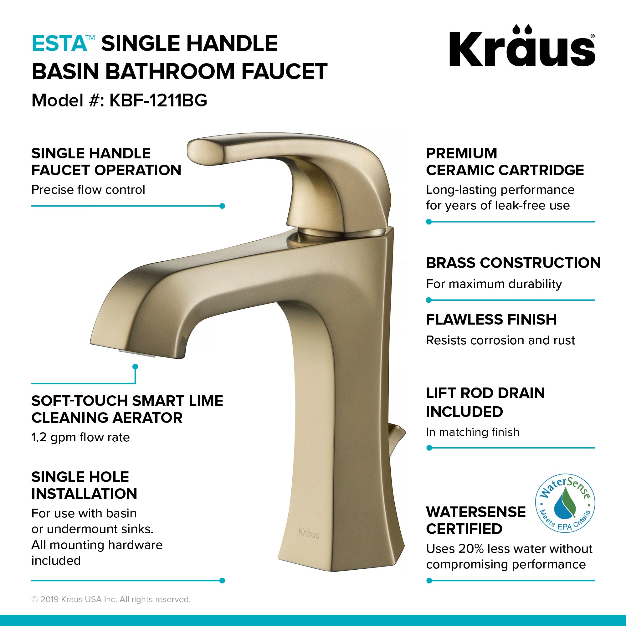 Esta Single Handle Bathroom Faucet with Lift Rod Drain