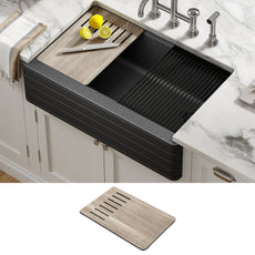 KRAUS Bellucci Workstation 33” Farmhouse Apron Front Granite Composite Single Bowl Kitchen Sink in Metallic Black with Cutting Board