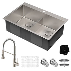 KRAUS 33 x 22 inch Standart PRO Dual Mount 16 Gauge Double Bowl 2-Hole Stainless Steel Kitchen Sink with Pull-Down Faucet