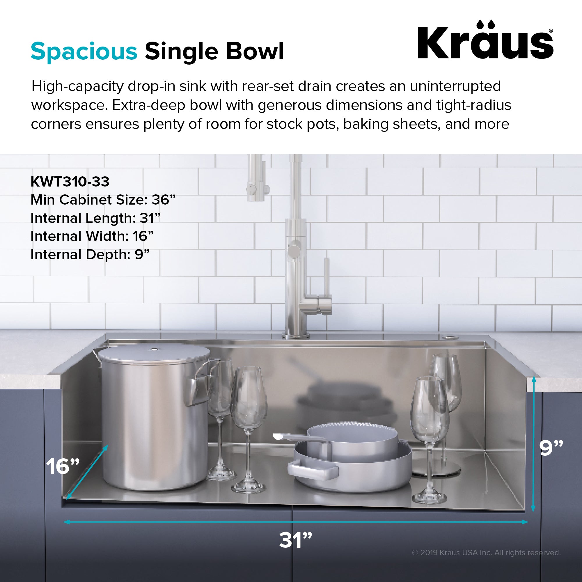 Kraus Kore Workstation 33 in. Dual-Mount Single Bowl Stainless Steel Sink