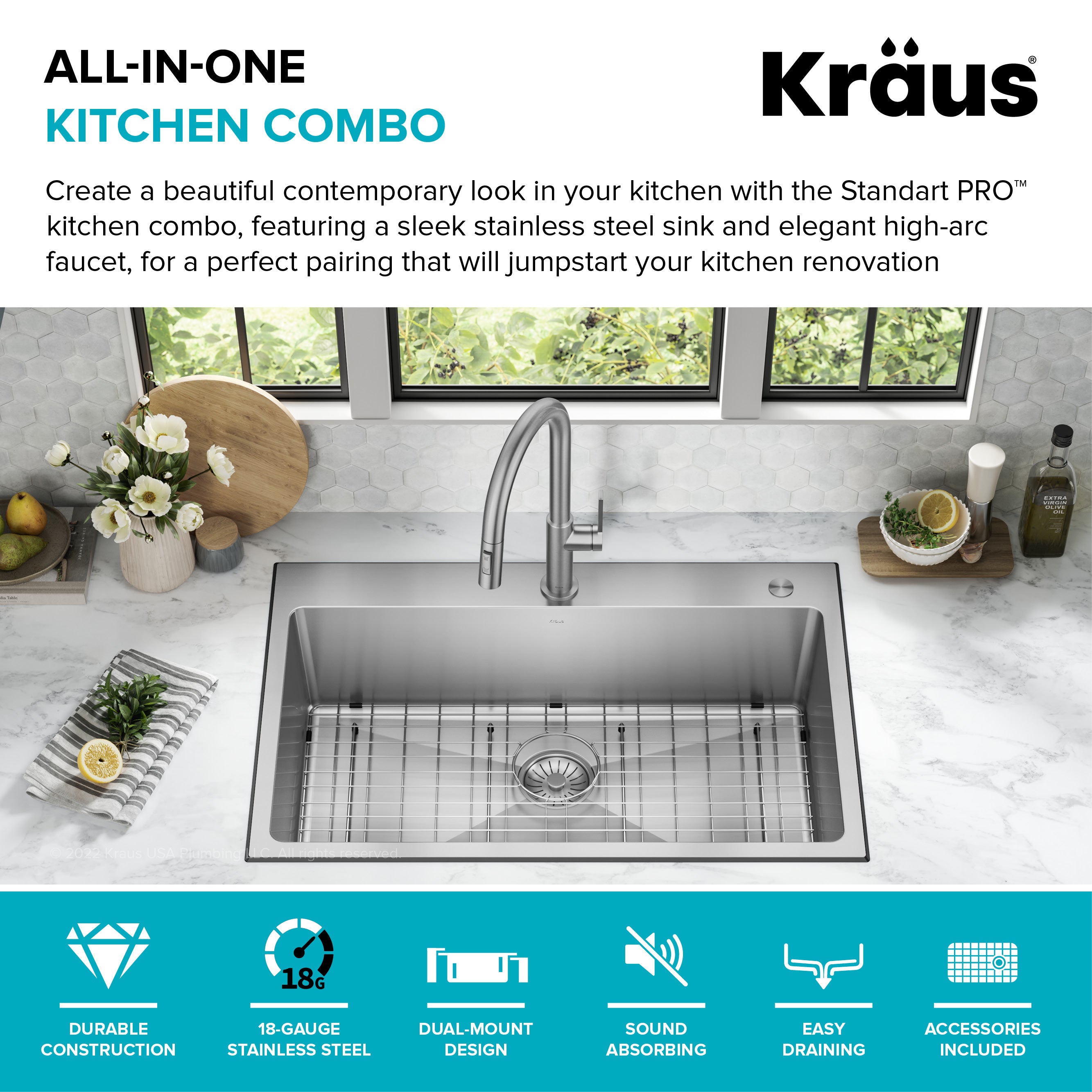 Kraus Standart PRO 33 in. Drop-In / Undermount 18-Gauge Stainless Steel Single Bowl Kitchen Sink and Pull-Down Faucet