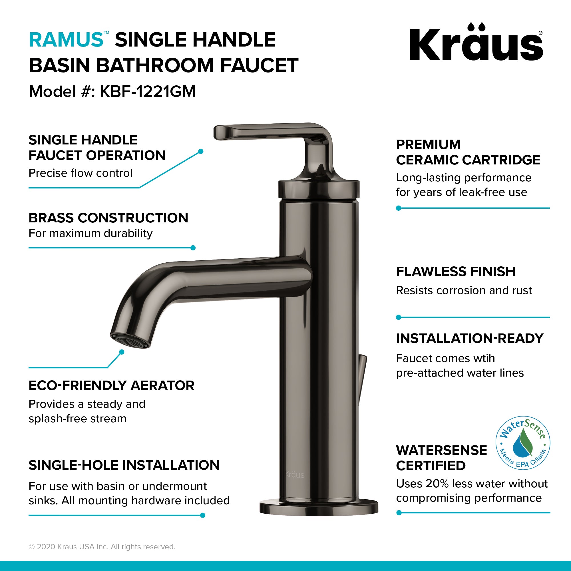 Ramus Single Handle Bathroom Sink Faucet with Lift Rod Drain