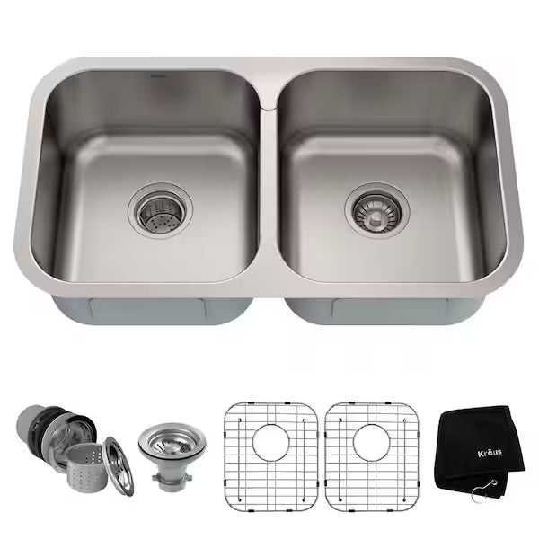 KRAUS Premier 32-inch 18 Gauge Undermount 50/50 Double Bowl Stainless Steel Kitchen Sink