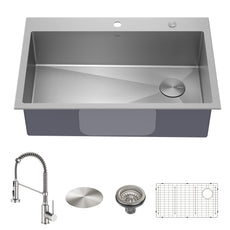 Loften All-in-One Dual Mount Drop-In Stainless Steel 33 in. 2-Hole Single Bowl Kitchen Sink with Pull-Down Faucet