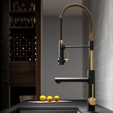 KRAUS Artec Pro 2-Function Commercial Style Pre-Rinse Kitchen Faucet with Pull-Down Spring Spout and Pot Filler, Brushed Gold/Matte Black Finish