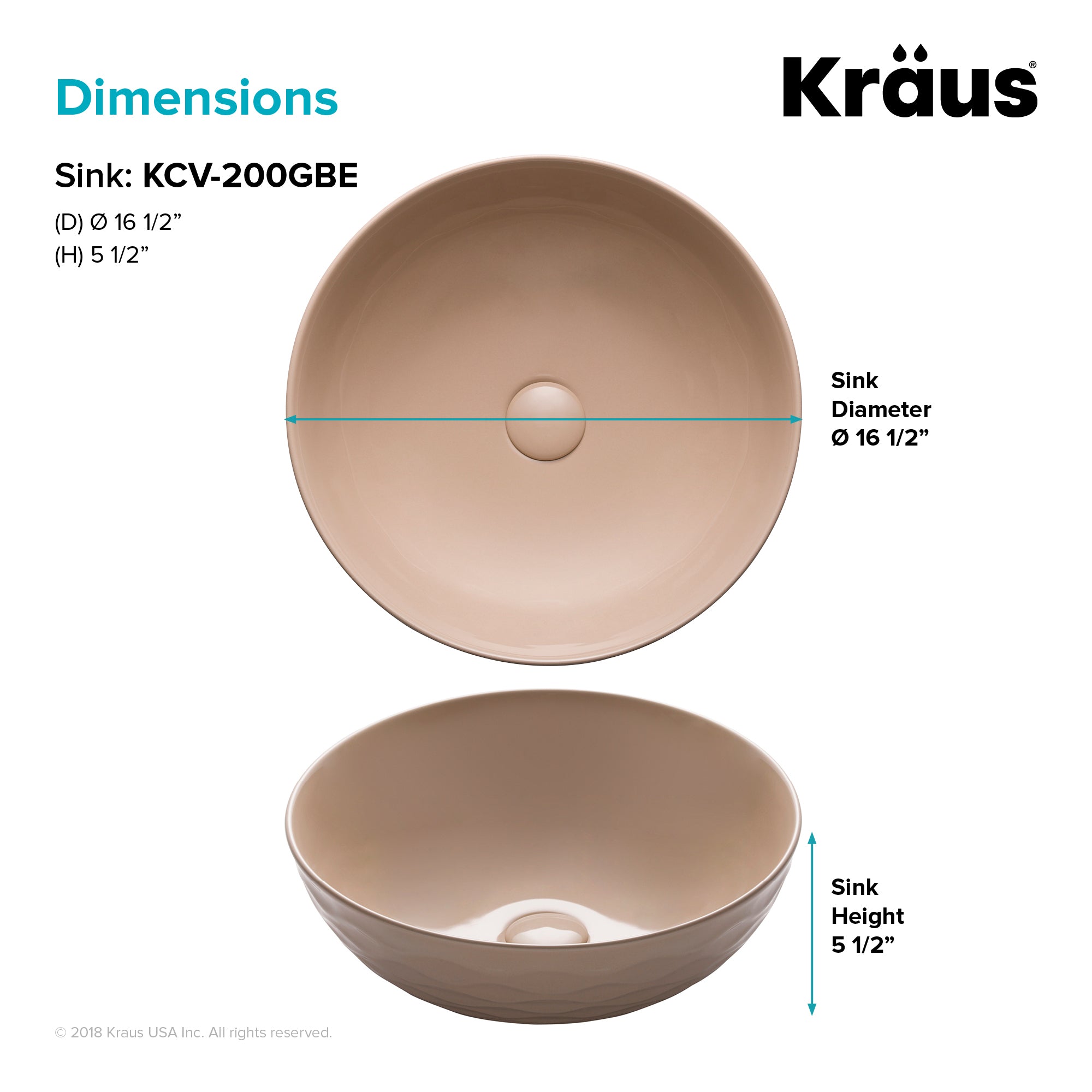 KRAUS Viva Round Porcelain Ceramic Vessel Bathroom Sink, 16 1/2 in. D x 5 1/2 in. H